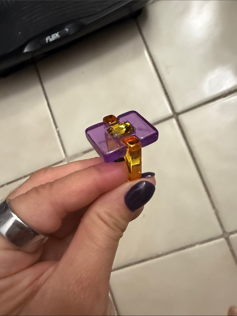 Purple and Amber Geometric Resin Statement Ring